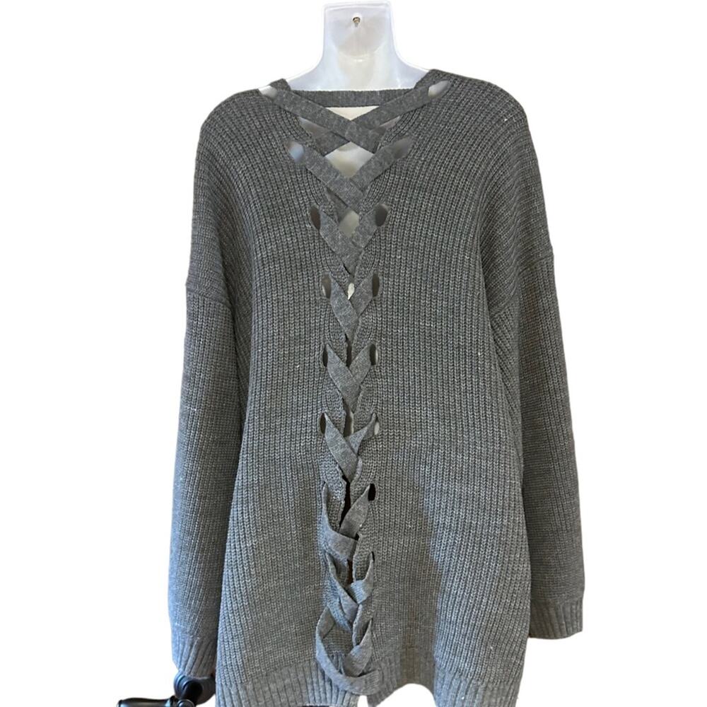 Loveriche Lace Up Back Gray Cardigan Sweater in a Womens Size Large with Pockets